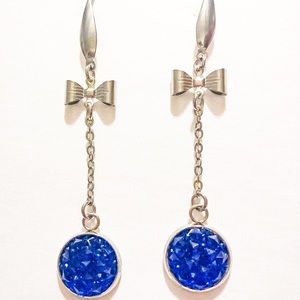 Royal Blue Sparkly Glitter Silver Bow Earrings